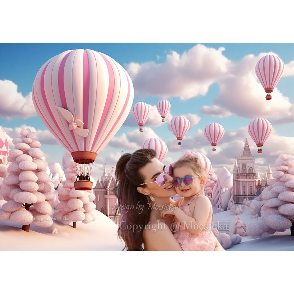 Fondo de bosque de árbol de Navidad de invierno, globo de aire caliente rosa, Castillo, fondo de país de las Maravillas nevado, estudio fotográfico de cumpleaños de princesa para niña