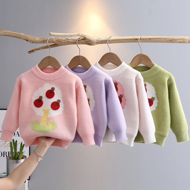 Cartoon Fruit Tree Sweaters for Kids Girls 2024 New Children's Clothing Round Neck Knitwear Cold-proof Princess Pullover HY09231