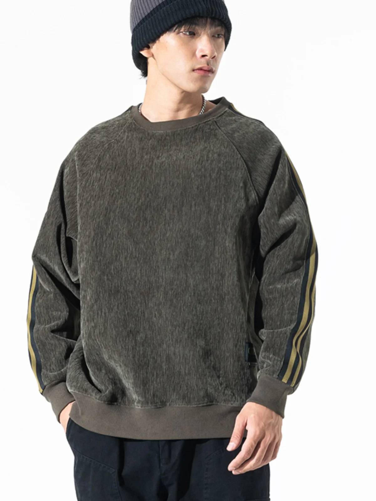 

Thiened Sweatirt Men's Loose Long Sve round Ne Winter New Sle Side Stripe Casual Comfortable Polyester Blend Top