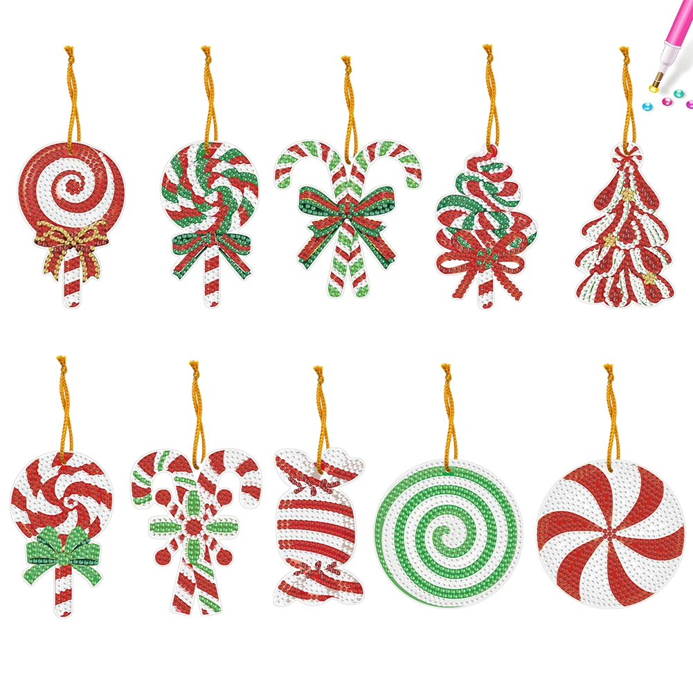 10pcs Keychain Pendant Cute DIY Diamond Painting Pendant Xmas Candy 5D Hanging Ornaments Single Sided for Arts Craft Accessories