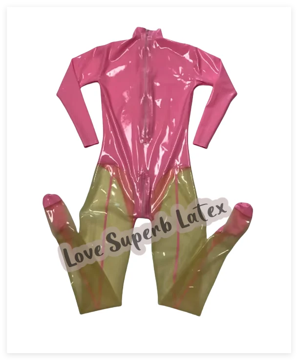 Handmade ยางธรรมชาติสีหลักโปร่งใส Catsuit ร้อนและเซ็กซี่ผิวแน่น Jumpsuit กลับและเป้าซิป