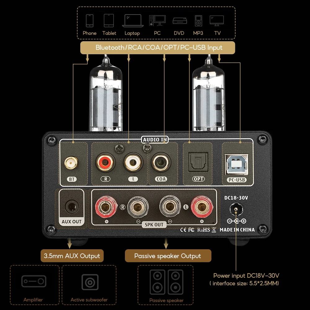 AIYIMA T9 HiFi Bluetooth 5.0 真空管アンプ USB DAC ステレオアンプ COAX OPT ホームオーディオ パワーアンプ VUメーター 100W