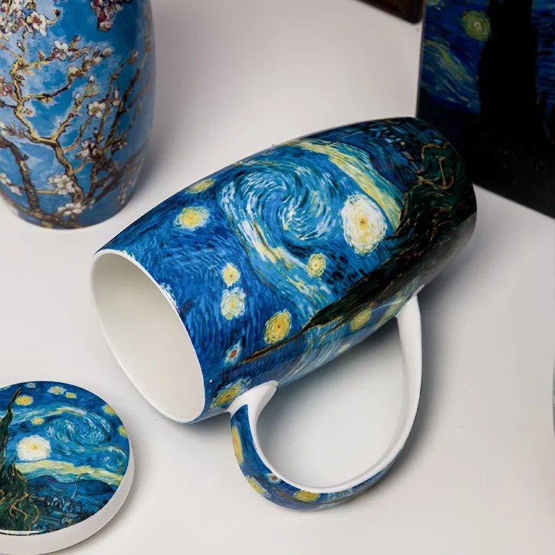 Canecas de café de porcelana de osso fino com pintura Van Gogh de grande capacidade com tampa em caixa de presente