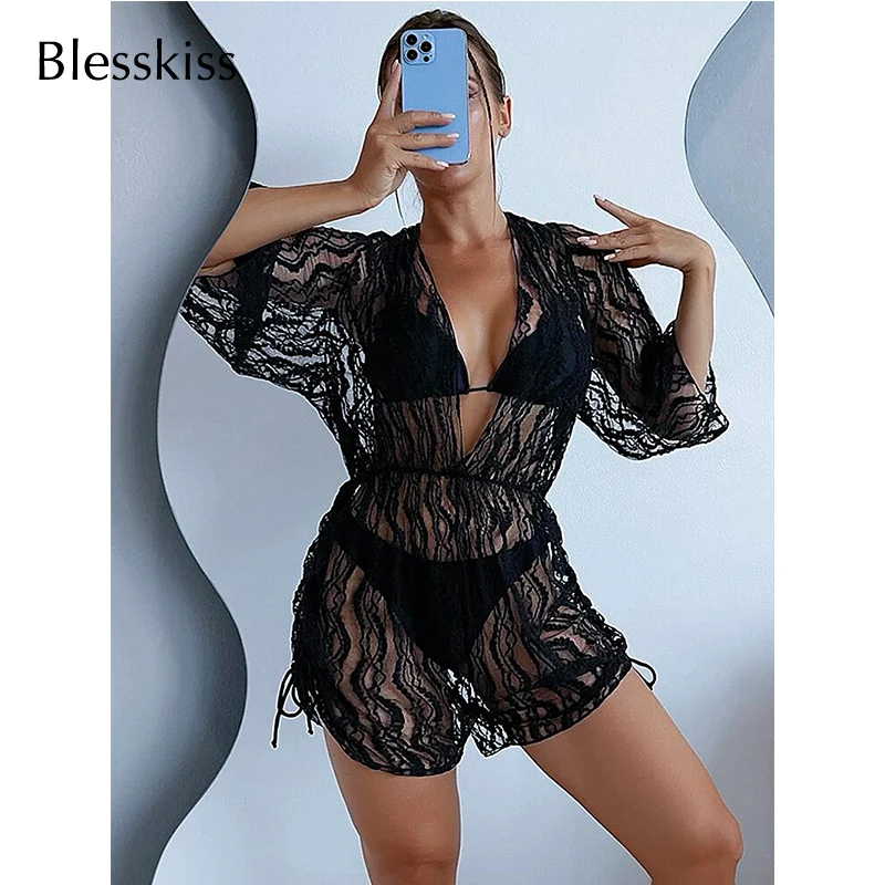 

BLESSKISS Sexy 3 Pieces Bikini Set Swimwear Women 2023 Summer Beach Lace-up Cover Up Short Sleeve Push Up Swimsuit Bathing Suit