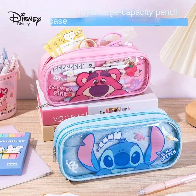 Disney Cartoon Stitch школьный мультфильм милый двухслойный большой вместительный водонепроницаемый холщовый пенал для канцелярских принадлежностей