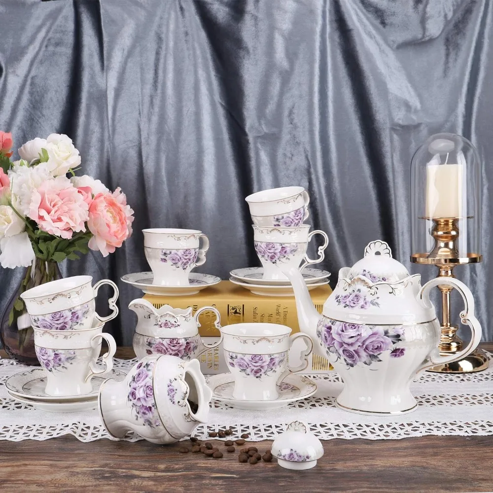 

Matcha Set Purple Rose Coffeeware Teaware 15 Piece Porcelain Tea Set for Adults Wedding Tea Service Tools Kitchen Dining Bar