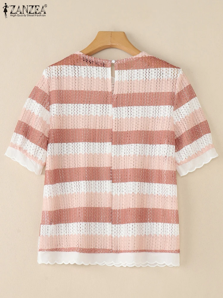 بلوزات كروشيه مخططة للسيدات من ZANZEA أنيقة برقبة دائرية وأكمام قصيرة منتفخة مزخرفة بالدانتيل بلوزات محبوكة لربيع وصيف 2025 #4