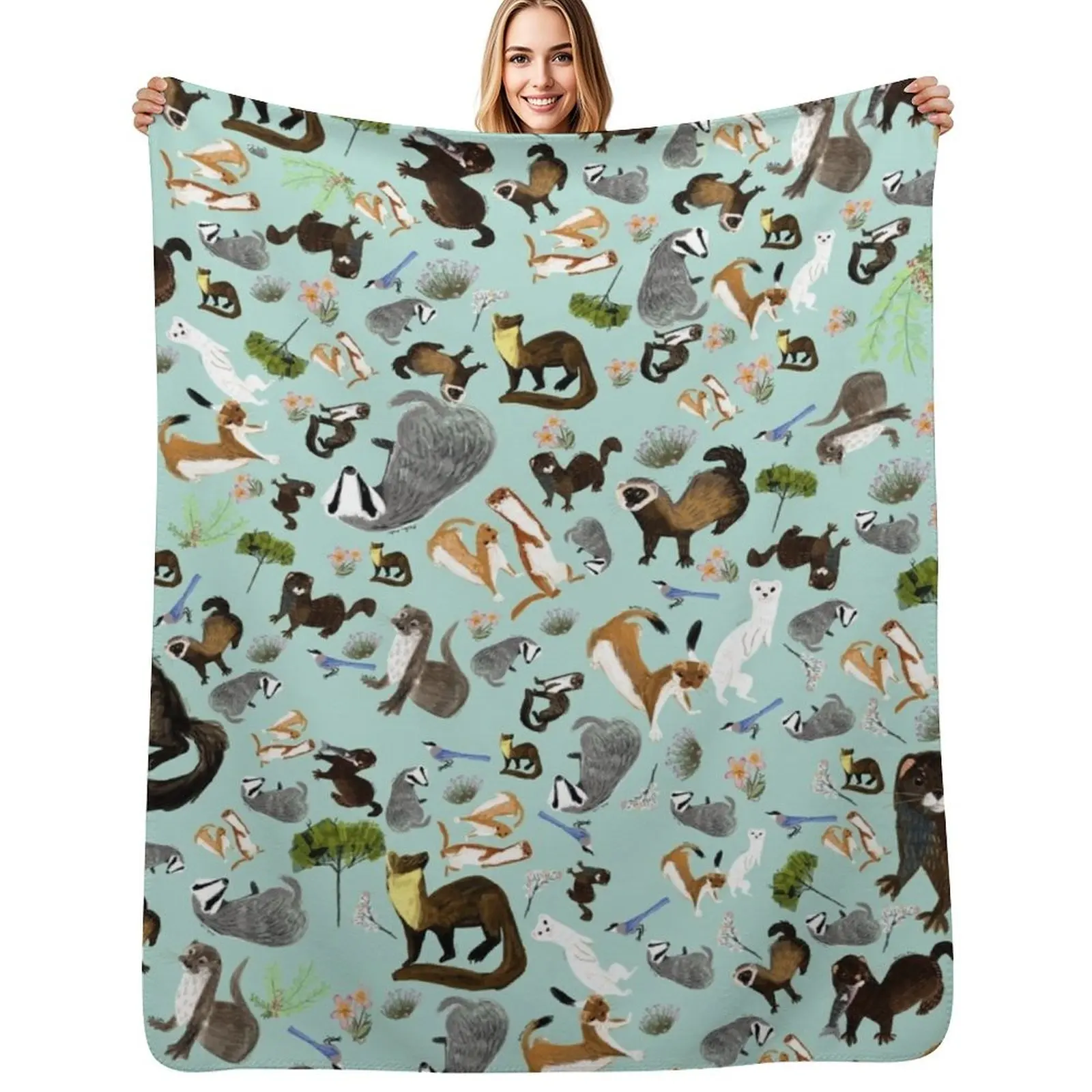 Mustelids from Spain pattern Throw Blanket Travel Size Cozy Blanket for Plane Train