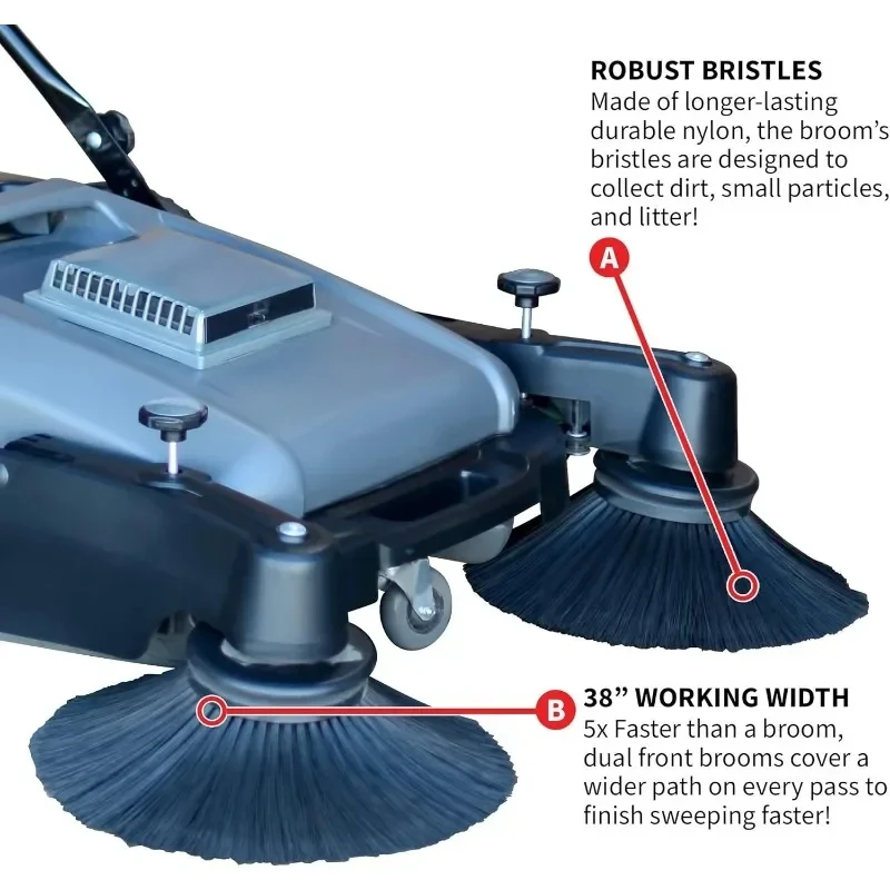 Industrial Walk Behind Push Sweeper, Triple Power Side Vassoures, Limpeza de Piso de Poeira Litter Grass, 38"