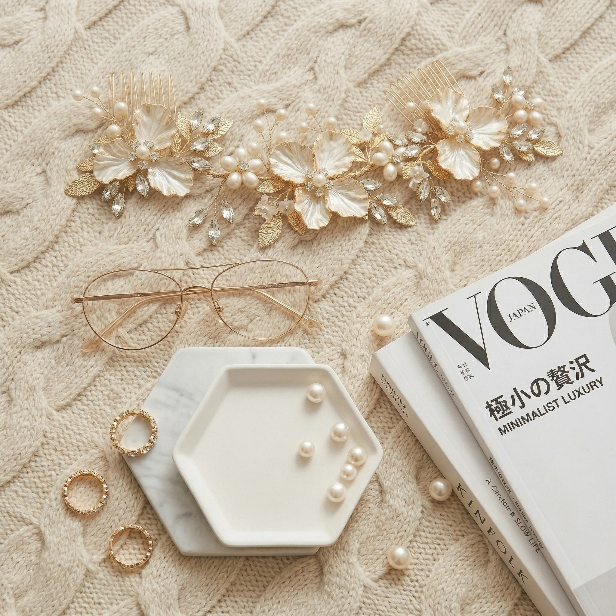 Neueste Gold handgemachte Perle Blume Haarkamm schöne Strass Haarspange Braut Kopfschmuck Hochzeit Zubehör – Detail 2
