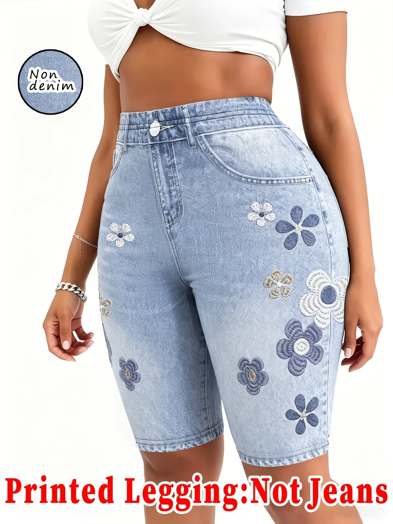Bedruckte Leggings, nicht aus Denim, Caprihose mit aufgesetzter Tasche und Knopfdruck, hochelastische, neue, modische Skinny-Hose. – Detail 2