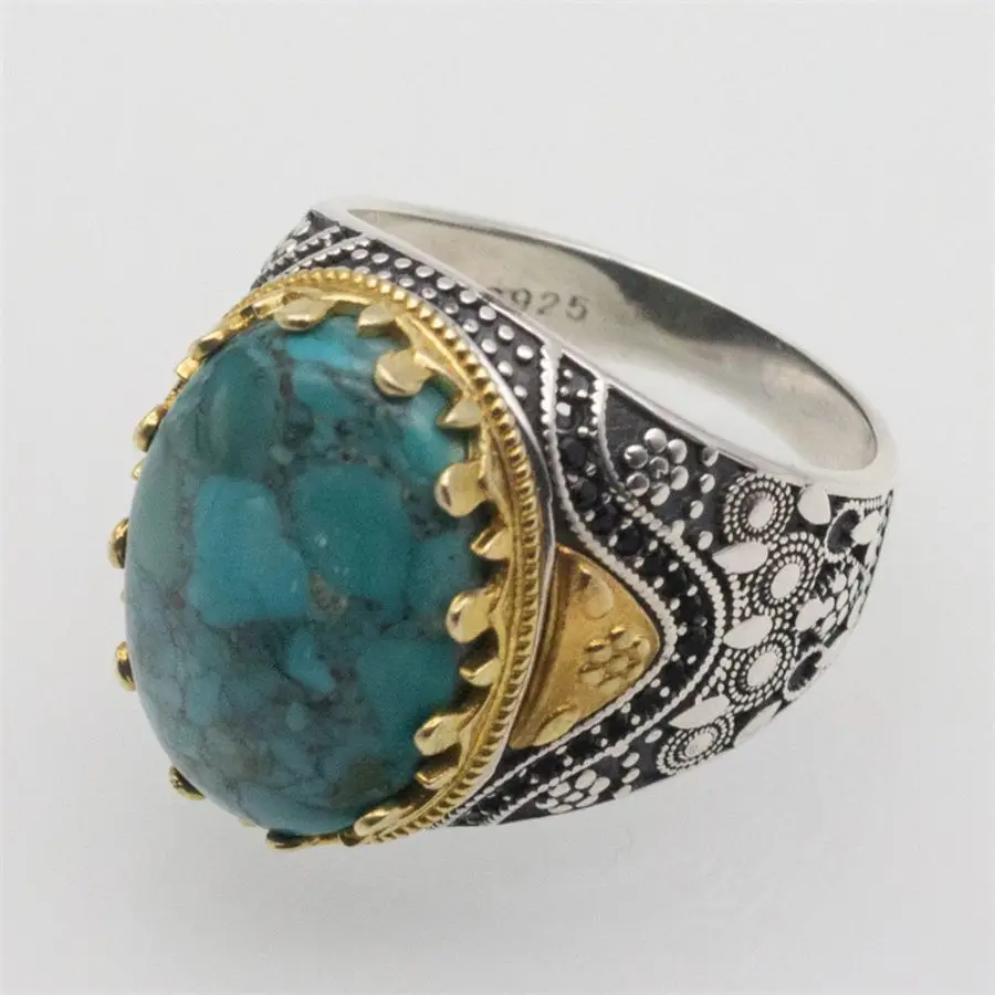 Wholesale Real 925 Sterling Silver rings Men Natural Turquoise stone Vintage Handmade Statement Wedding Hand Ring