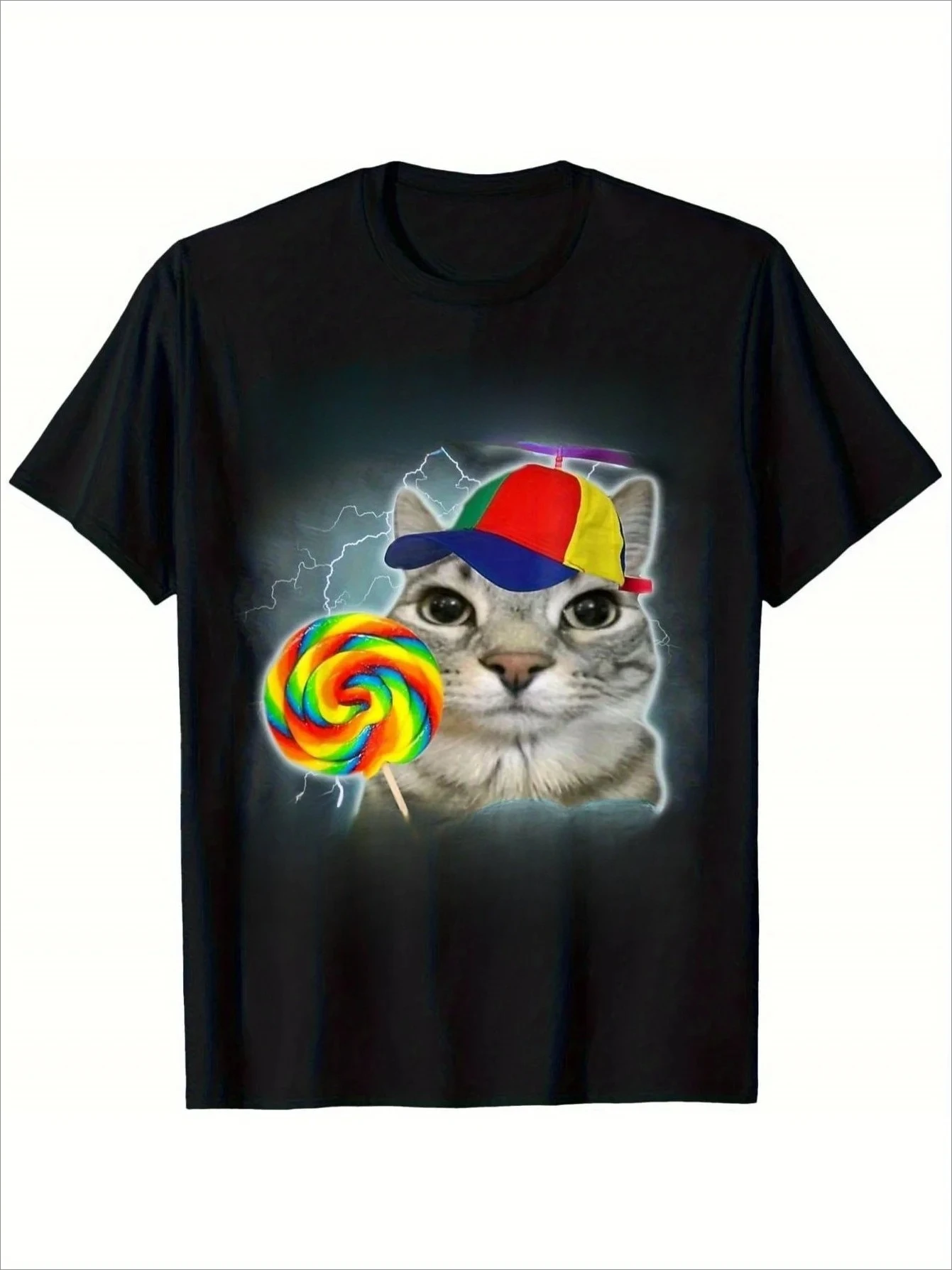 

Футболка Greetings Fun Cat Meme — мягкая дышащая футболка с круглым вырезом с радужным леденцом и шляпой для вечеринок, модный топ Y2K