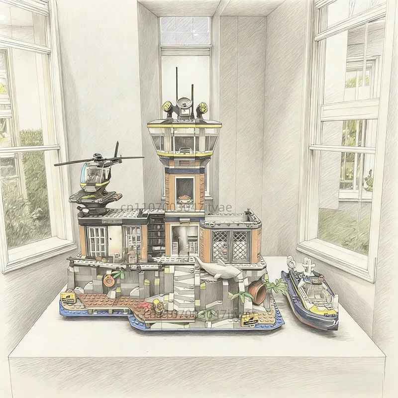 

Конструктор «Полицейская станция, морской тюремный комплекс, остров»: вертолет, лодка, акула. Сборные строительные блоки, игрушка, подарок для детей.