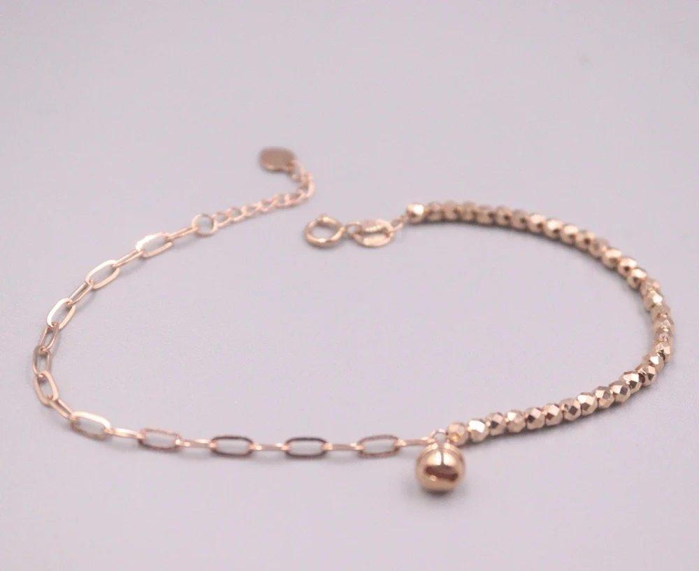 Real Pure 18K Rose Gold Chain Women Lucky Laser Bead O Link Bell Bracelet 3.5-3.7g