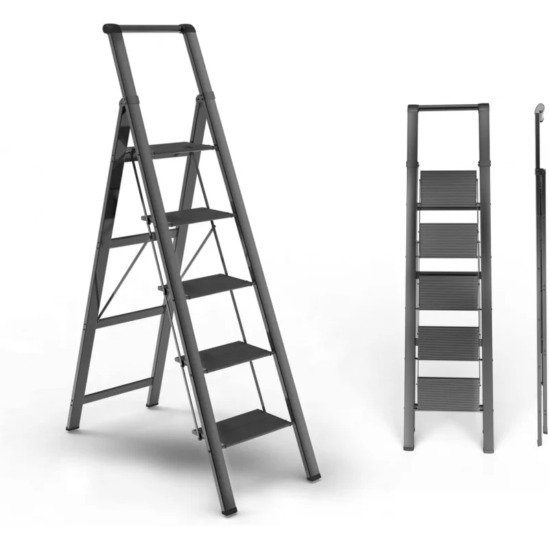 Folding Step Stool, Lightweight Steel Foldable Black Ladder for 10 Foot High Ceiling with Anti-Slip Wide Sturdy Pedal