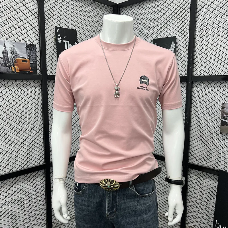 

New Men's Crew Neck Short Sleeve T Shirt Spring Autumn Slim Fit Hollow Out Breathable Diamond Grid Half Sleeve Casual Top Cloth