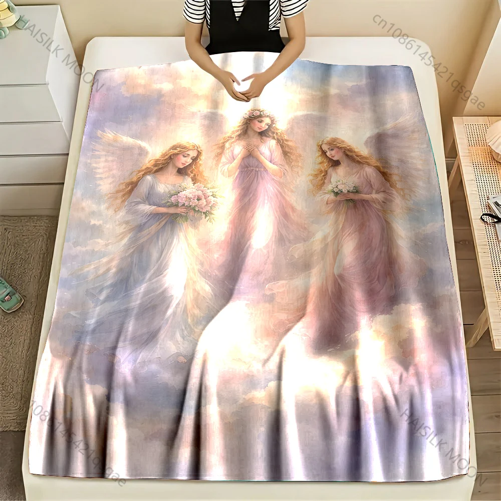 1PC 3 Angels with flowers cloud Print Blanket Warm Soft Fluffy Kids and Adult Sofa Bed Throw Blanket Outdoor Travel Camping RV