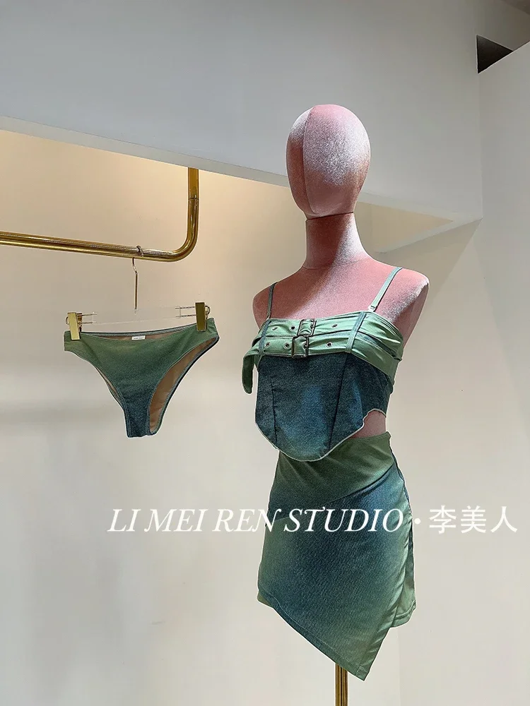New vacation sexy hot girl denim skirt style split swimsuit for women