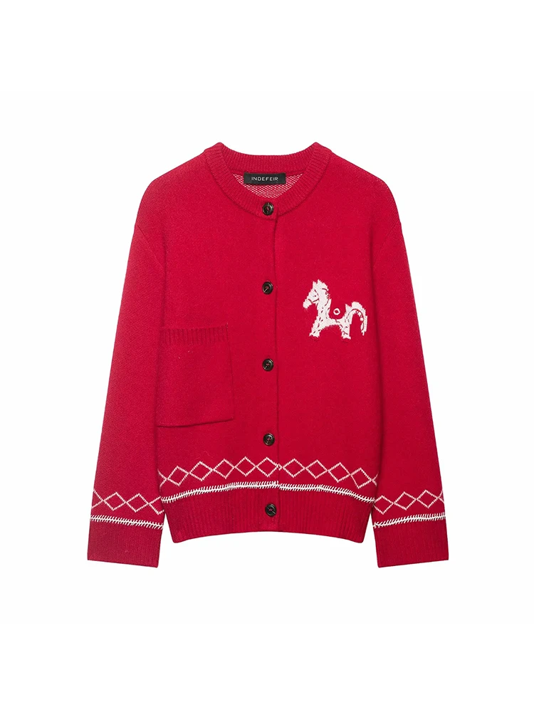 

Women Red Pure Woolen Knitted Cardigan Women Round Neck Embroidered Horse Pattern Fashionable Outerwear Comfortable Casual Style