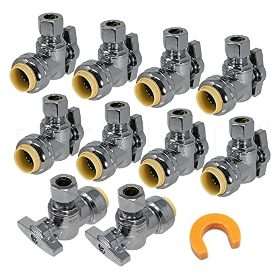 

Pack] PushFit Angle Stop Valve 1/2" Push x 3/8" OD Comp, Quarter-Turn Push-to-Connect Brass Shutoff Valve for Copper, PEX, CPVC