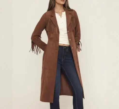 

Women's Jacket 2026 New Spring Autumn Fashion Tassel Design Notched Collar Long Sleeved Single-Breasted Casual Long Jacket