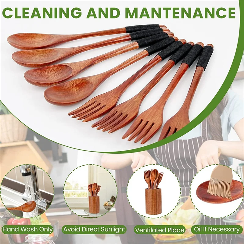 ABRW-8Pcs Wooden Spoons Forks Set, Japanese Style Wooden Utensil Set, Handmade Kitchen Spoon, Reusable Travel Flatware Set
