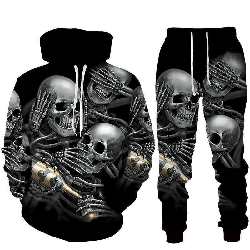 Men's Tracksuit Suit  Terror Skull Graphic Casual Sports 3D Print Pullover Pants 2pcs Autumn Streetwear Oversize Y2k Clothing