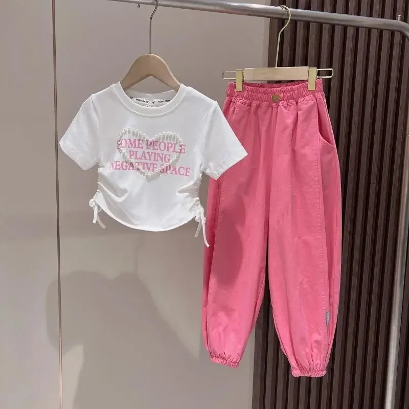 2024 Children Set Girls Fashion Casual Suit Summer New Pearl Waisted Short Sleeve Work Pant Two-Piece Kids Comfort Clothes 4-14Y