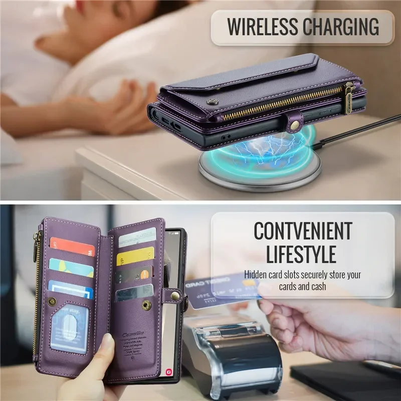 Lanyard Leather Flip Wallet Card Case for Samsung Galaxy S25 S24/23/22 Ultra Plus FE For Magsafe Wireless Charge Crossbody Cover