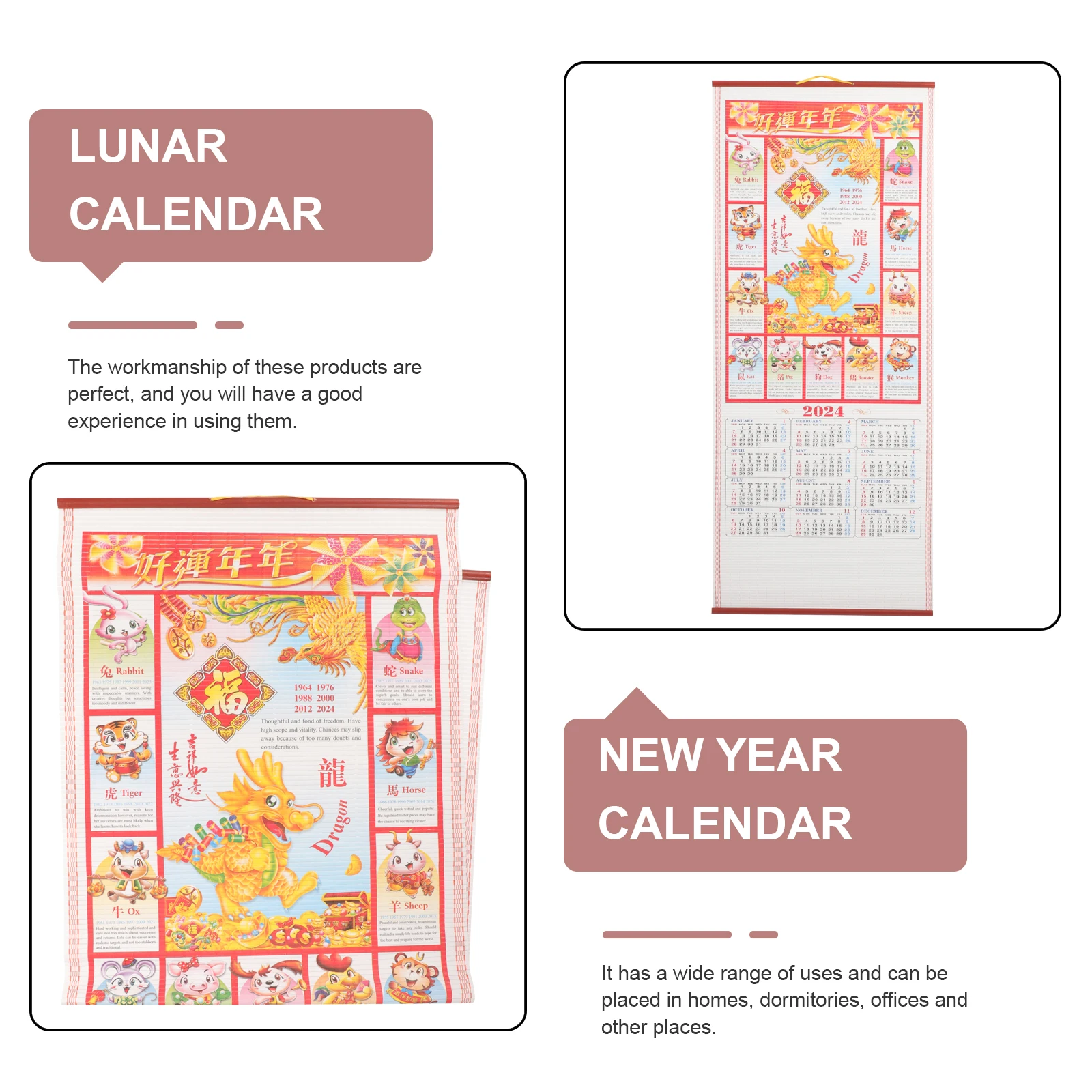 

Hanging Scroll 2024 Lunar Year Dragon Rattan Paper Wall Tearable Calendar Monthly Tearable Home Office Decoration