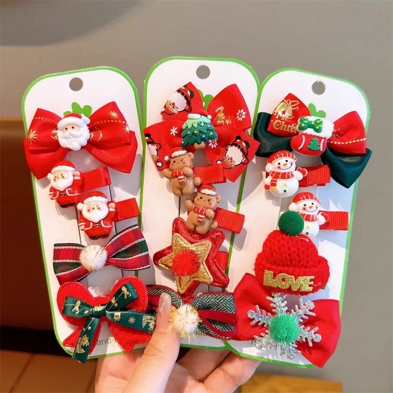 2024 Winter New Arrival Cute Christmas Hair Clip Accessories Fabric Bow Bell Reindeer Snowflake Duckbill Clips Collection