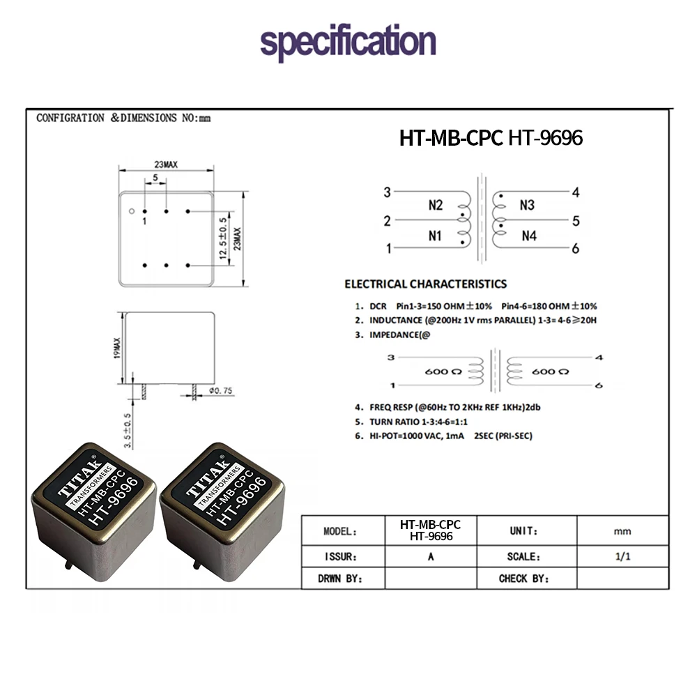 TITAK 1 Stück Permalloy Frontstufe Single-Ended-zu-Balanced-zu-RCA-Audiosignal-Isolationstransformator E9818 Silbergrau Permalloy – Detail 2