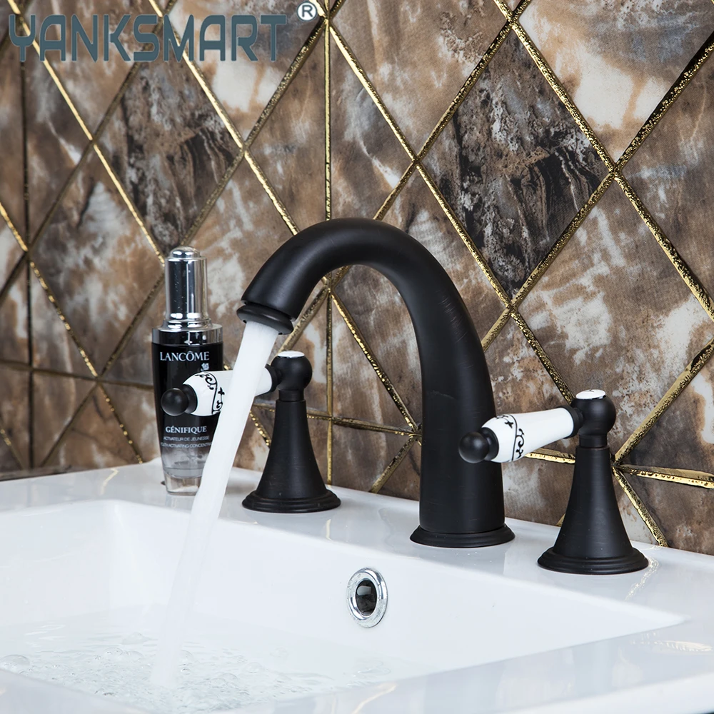 

YANKSMART 3 Pcs Bathroom Faucet Ceramic Dual Handles Oil Rubbed Black Deck Mounted Basin Torneira Brass Sink Mixer Water Tap