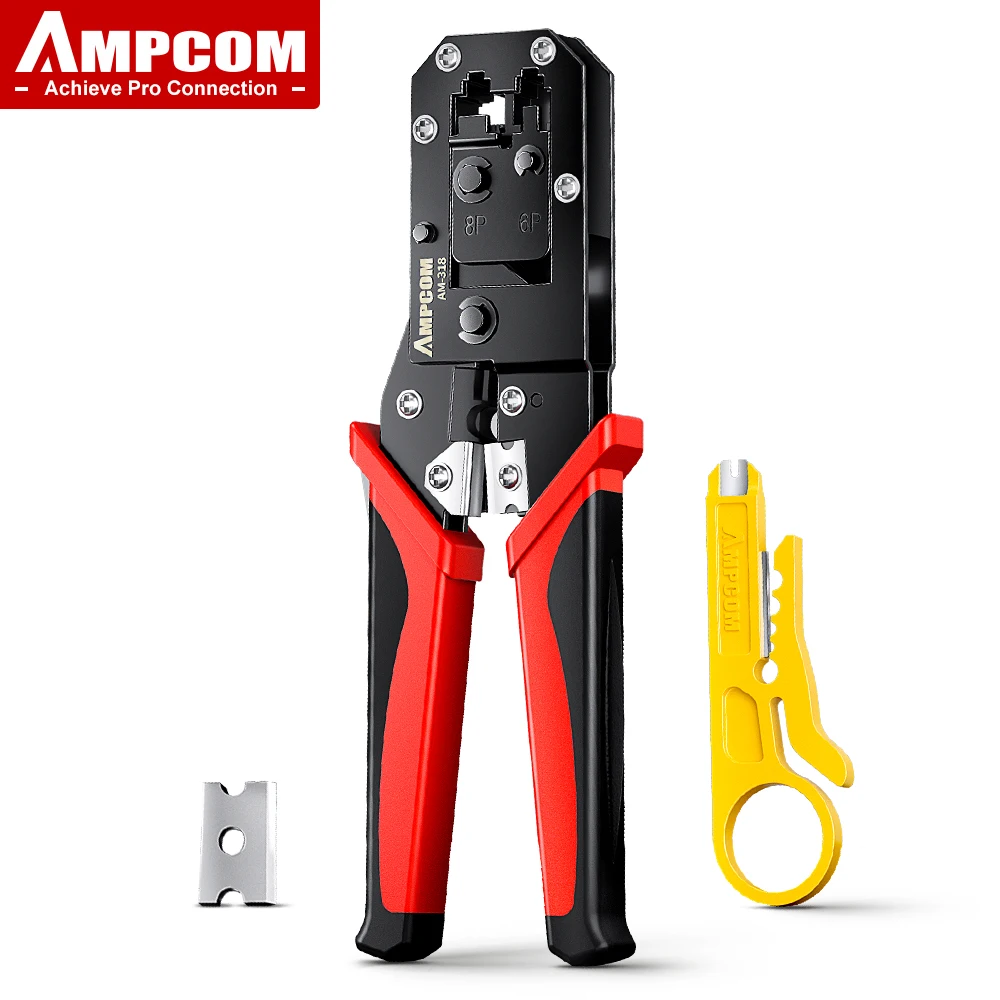 Zaciskarka do kabli Ethernet LAN AMPCOM RJ45, szczypce do zaciskania, cięcia i ściągania izolacji, do złączy modułowych 8P RJ45 6P RJ12 RJ11