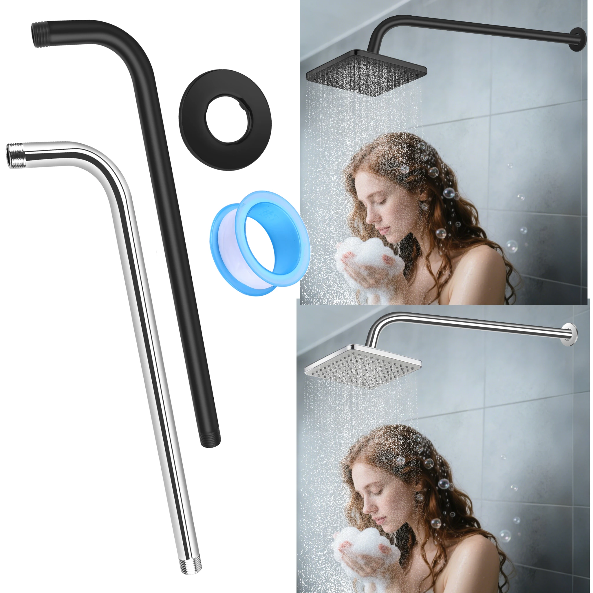 30/40cm Shower Head Extension Arm Wall Mounted Stainless Steel Rainfall Extend Pipe Tube Shower Holder Base Bathroom Accessories