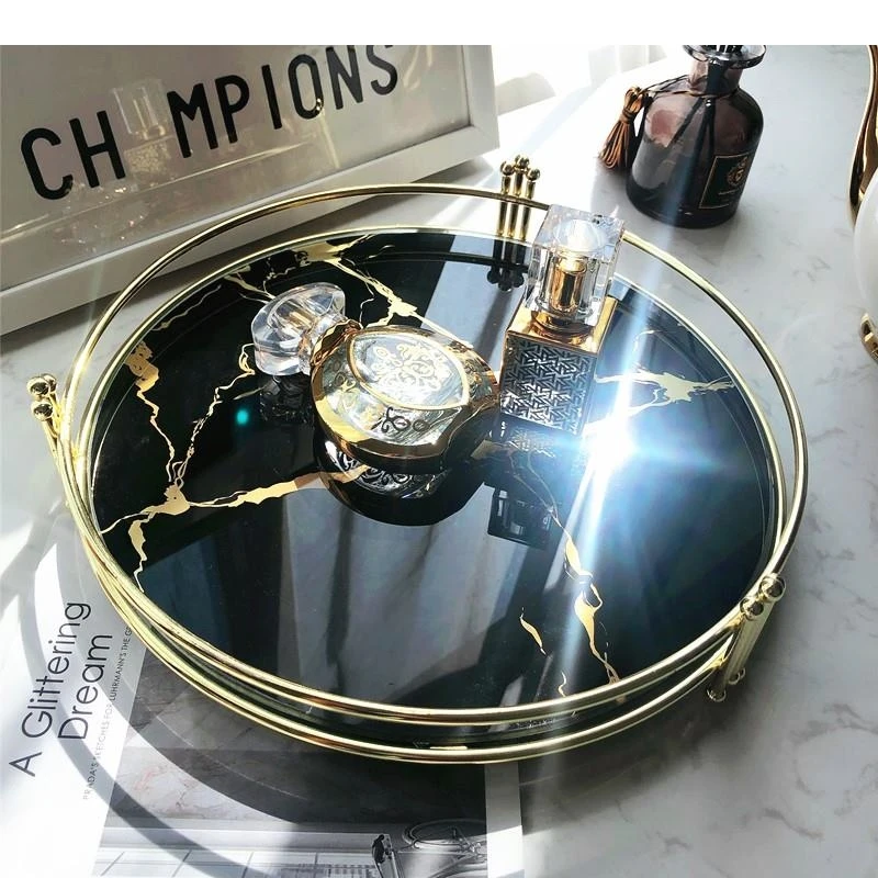 European Marbled Tempered Glass Mirror Tray Cosmetics Jewelry Cup Storage Living Room Coffee Table Desktop Home Decoration