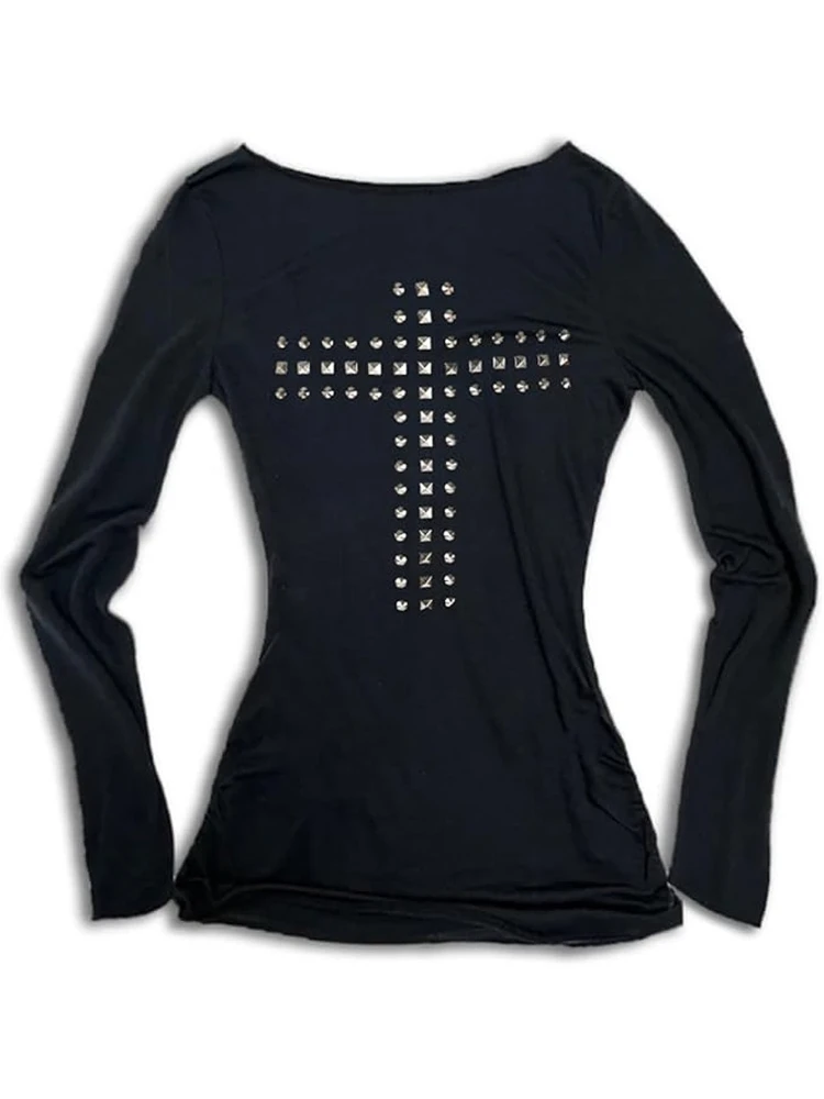 Y2k Emo Damen Mode Streetwear Kreuz-Strass T-Shirt Langarm-Shirt Ästhetik Harajuku 2000er Alt Acubi Tops Kleidung – Detail 2