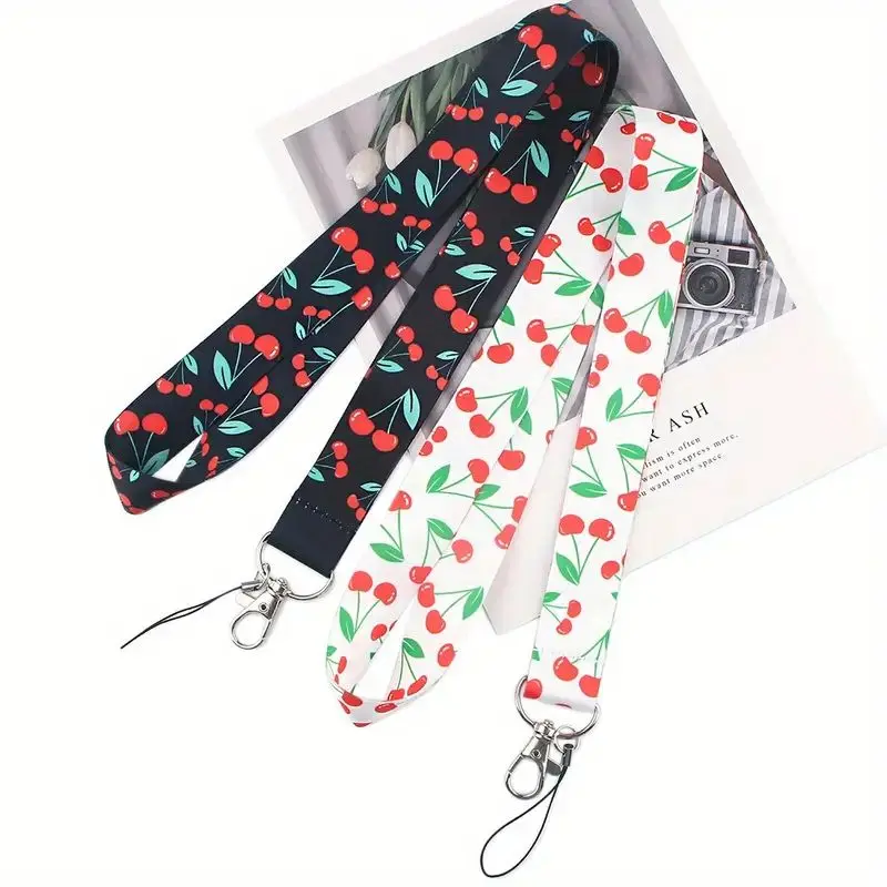 Cherry pattern card lanyard keychain and ID card holder, open ring buckle, durable polyester collar badge buckle