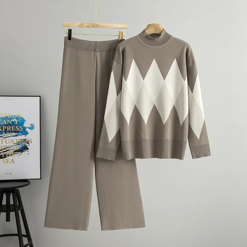 

Повседневный свободный вязаный свитер с воротником-стойкой, пуловер + брюки с эластичной резинкой на талии, комплект из 2 предметов, женский осенне-зимний костюм, новая женская одежда