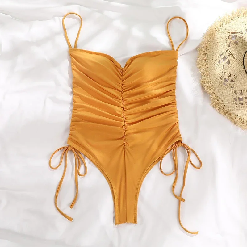 สายรัดเซ็กซี่ชุดว่ายน้ําสําหรับสตรีจีบเอวสูงSuspender One Pieceชุดว่ายน้ํา 2025 ใหม่Beach Holidayชุดว่ายน้ํา
