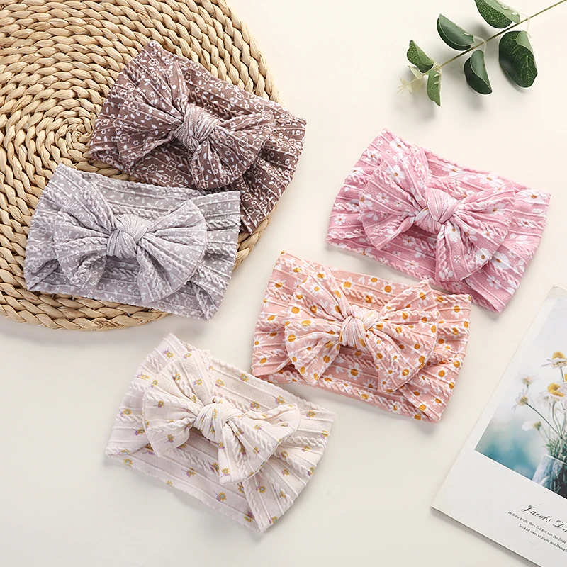 Daisy Flower Print Nylon Bow Headband Baby Floral Printing Headband Girls Cotton Ribbed Turban for Children Girl's Headwear Kids