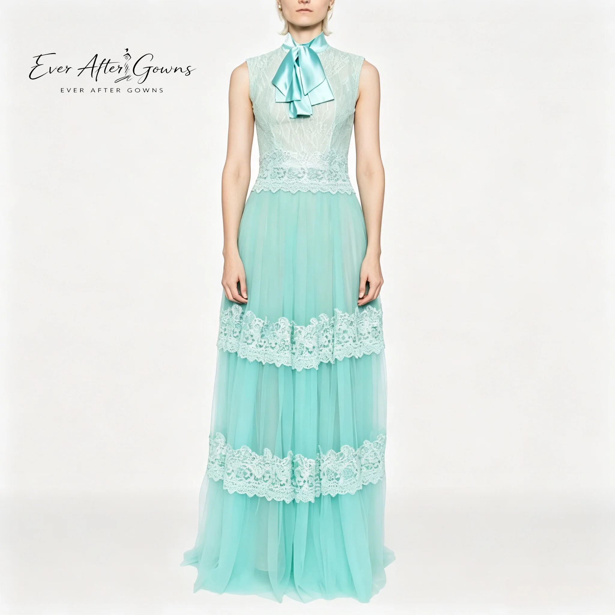 Ever After Gowns Sleeveless Mint Tulle Dress High Neck Satin Bow Multi-Layer Lace Tiered Wedding Guest Party Gown
