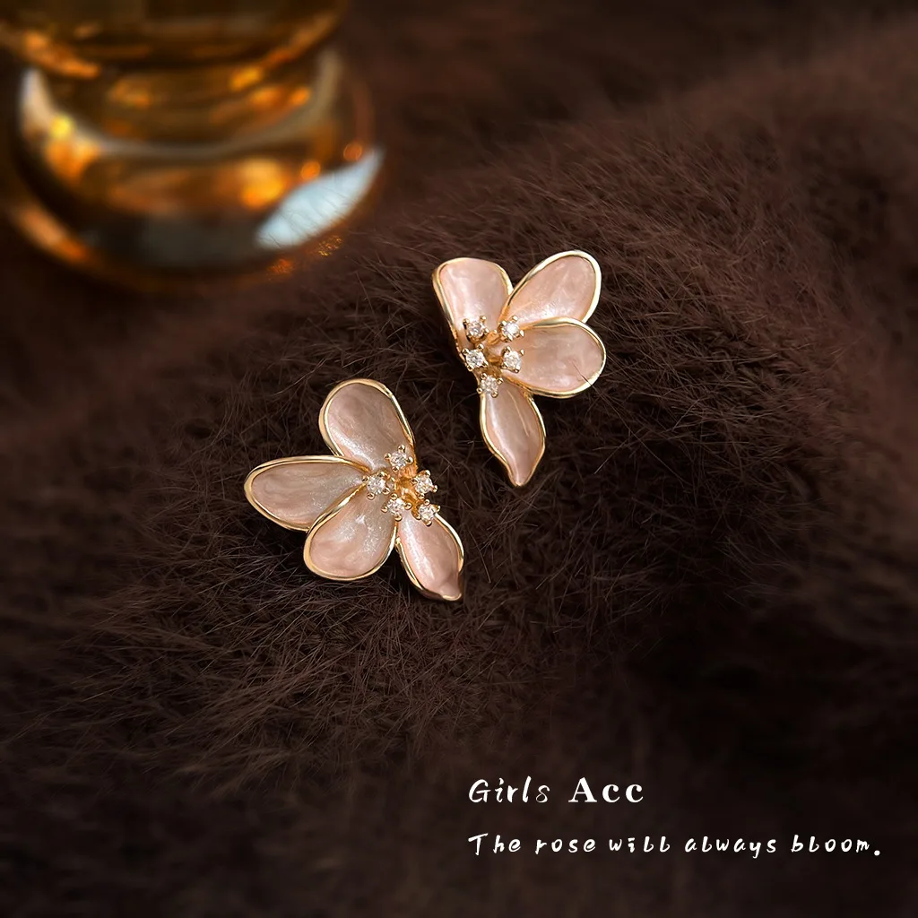 

Gradient Enamel Flower Earrings French Light Luxury Zircon Studs Hand-Painted Daily Wear Ear Accessories
