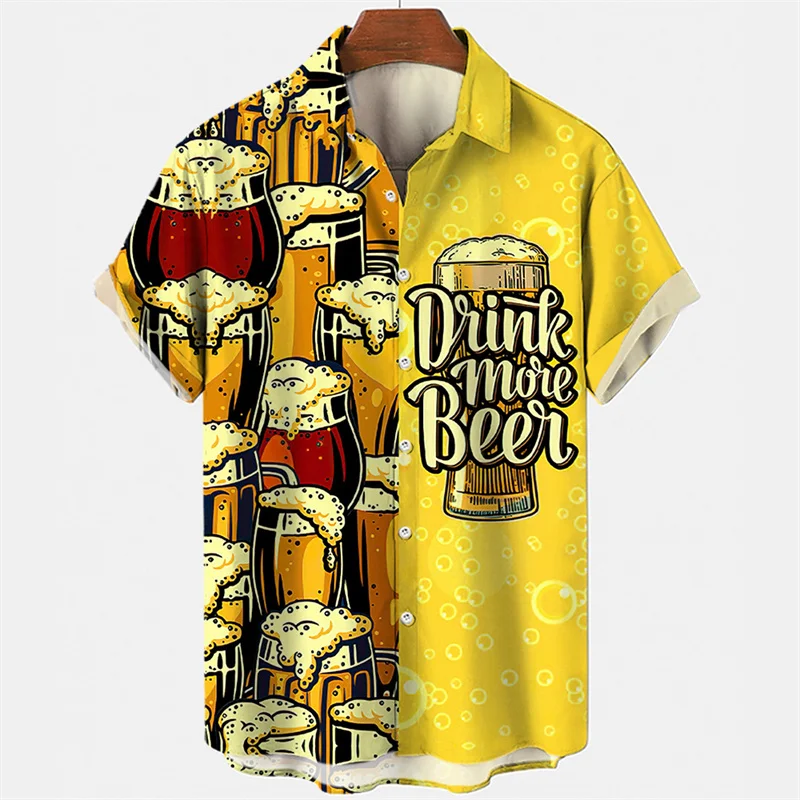 Men Short Sleeve Hawaiian Shirts 3D Print Beer Wine Graphic Beach Summer Casual Button Down Tee Shirt Tops