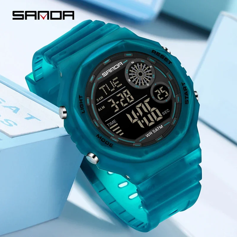 SANDA SD6259 ساعة إلكترونية عصرية بتقويم منبه مقاومة للصدمات وحزام سيليكون مقاوم للماء ساعة يد رقمية رياضية