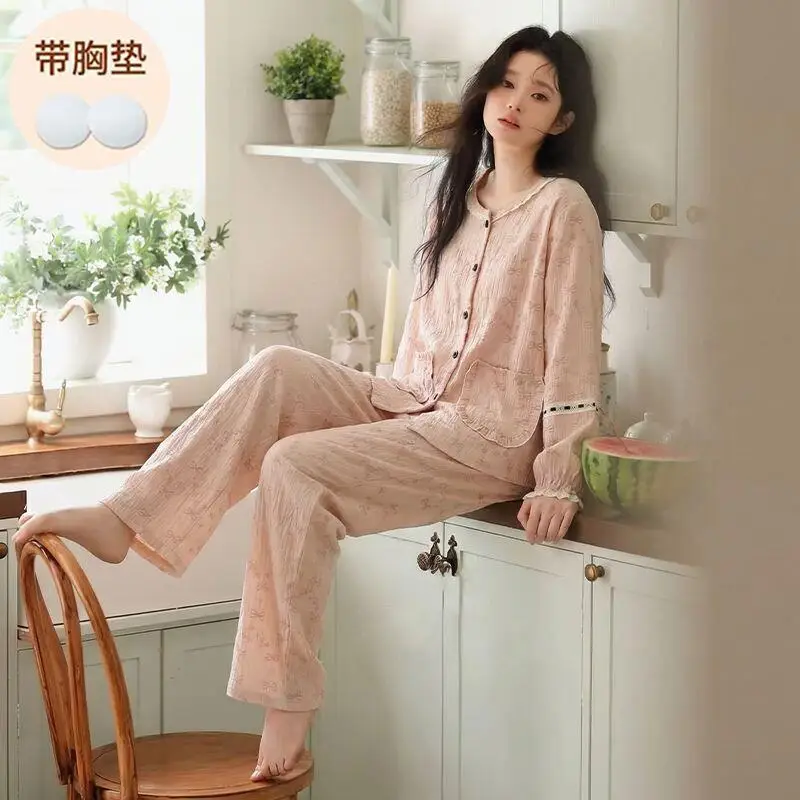 

Spring Autumn New Women Clothing Simple Light Luxury Long Sleeved Pants Cardigan Pajamas Soft Comfort Loose Casual Home Suitset