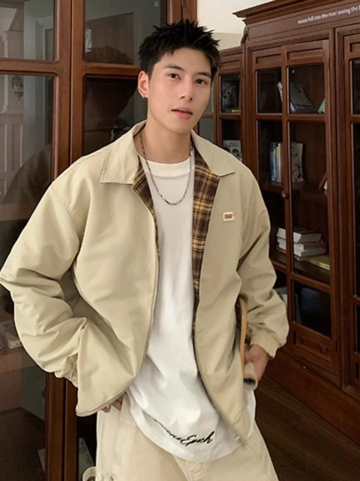 

Khaki Double-Sided Wear Jaet Coat Men's Spring Autumn Plaid American Retro Casual CleanFit Baseball orm Loose Fit Long ...