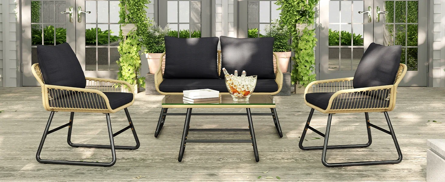 4 Piece Outdoor Wicker Conversation Set in tan and matte black styling