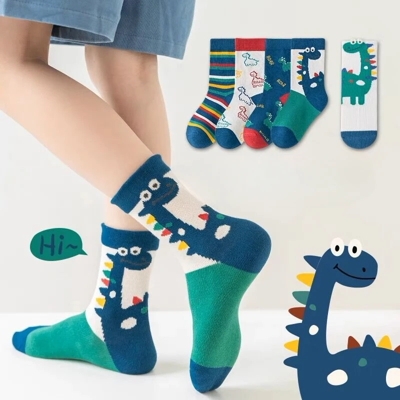 5 Double Spring and Fall Kids Cartoon Dinosaur Fashion All-in-one Baby Boy Sports Comfortable Breathable Mid-tube Socks